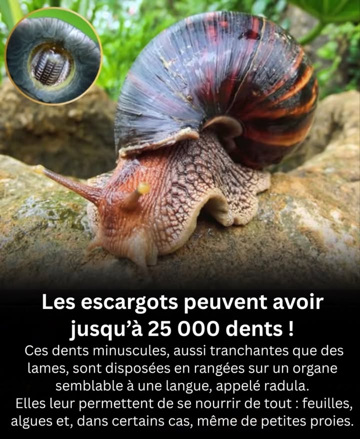 Escargots : petits corps, morsure puissante

Un mouvement lent avec lun des outils les plus perfectionnés de la nature.

 Dotés dune radula  tapissée de jusquà 25 000 dents
 Les dents agissent comme une lame ultrafine, broyant les aliments
 Ils raclent feuilles, algues et végétation avec précision
 Certains escargots carnivores percent leurs proies grâce à la radula
 Pas de mastication  seulement un rabotage efficace et une digestion rapide
 Un système dalimentation unique dans le règne animal

醴 Des outils microscopiques, un impact immense.