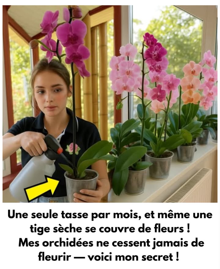 Une seule tasse par mois suffit pour quune orchidée renaisse, même à partir dune tige sèche. 
Mes orchidées ne cessent jamais de fleurir  voici le secret dun entretien naturel et efficace. 

 Floraison prolongée : les fleurs restent éclatantes jusquà 5 à 6 mois, avec des couleurs riches et vives.
 Humidité et engrais : garde un bon taux dhumidité pour des feuilles brillantes et des racines vigoureuses. Utilise un engrais organique pour stimuler la floraison.
 Nettoyage des racines : une fois par mois, rince-les abondamment pour éliminer les résidus dengrais.
 Bain à la betterave : fais tremper la plante 30 minutes dans un mélange deau et de jus de betterave pour stimuler la croissance et les boutons floraux.
 Application douce : nettoie les feuilles avec un coton imbibé de jus de betterave, puis vaporise légèrement sur la plante et verse un peu de solution sur les racines.
 Eau de riz : un engrais naturel idéal pour renforcer la plante  applique-le toutes les deux semaines, liquide ou en glaçons décongelés.

En 2 à 3 semaines, les orchidées révèlent de nouvelles racines, des feuilles vigoureuses et une floraison spectaculaire. 
#Orchidées #JardinNaturel #FleursÉternelles