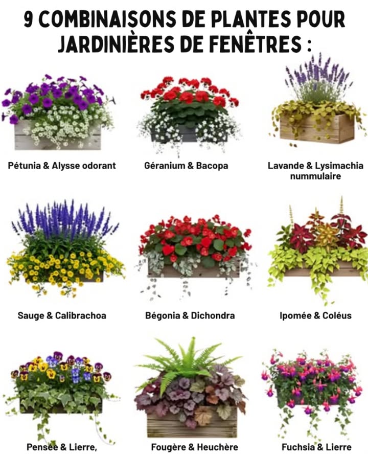 9 combinaisons de plantes pour jardinières de fenêtres 

Associer les bonnes plantes permet dobtenir une jardinière colorée, équilibrée et facile à entretenir. Ces duos sadaptent à différents niveaux de lumière et garantissent une floraison durable tout au long de la saison.

 1. Pétunia & Alysse odorant
Un mélange parfumé et lumineux parfait pour les balcons ensoleillés.

 2. Géranium & Bacopa
Une combinaison estivale résistante à la chaleur, aux fleurs abondantes et retombantes.

 3. Lavande & Lysimachia nummulaire
Un duo méditerranéen : la lavande attire les abeilles, la lysimachia apporte une touche dorée.

 4. Sauge & Calibrachoa
Un mélange éclatant de bleu et de jaune pour un effet solaire garanti.

 5. Bégonia & Dichondra
Parfait à mi-ombre : fleurs vives et feuillage argenté harmonieux.

 6. Ipomée & Coléus
Un duo de feuillages décoratifs aux couleurs contrastées, idéal pour un style moderne.

 7. Pensée & Lierre
Une association classique et durable, idéale pour le printemps et lautomne.

 8. Fougère & Heuchère
Un mariage de feuillages colorés et texturés, idéal pour les coins ombragés.

 9. Fuchsia & Lierre
Un duo retombant et romantique, plein de charme et de légèreté.

 Conseils simples :
 Choisir des plantes aux besoins similaires.
 Utiliser un terreau riche et bien drainé.
 Arroser régulièrement sans excès.
 Retirer les fleurs fanées pour prolonger la floraison.

 Un rebord fleuri transforme instantanément votre fenêtre en coin de nature vivant et coloré.