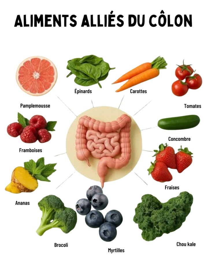 Aliments alliés du côlon

 Une alimentation riche en fibres, antioxydants et nutriments renforce et protège la santé du côlon.

 Pamplemousse
塞 Épinards
凌 Carottes
 Tomates
勒 Concombre
 Fraises
𢡄 Myrtilles
復 Brocoli
 Ananas
 Framboises
塞 Chou kale

 Intégrer ces aliments à votre quotidien aide à améliorer la digestion et à préserver la santé intestinale naturellement.