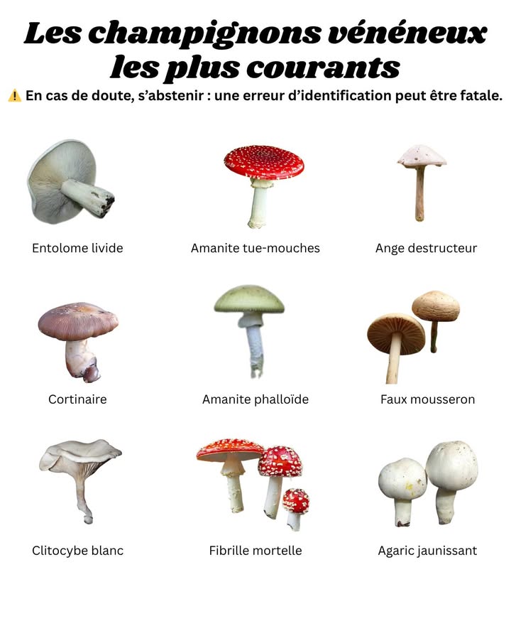 Les champignons vénéneux les plus courants à éviter

Certains champignons parmi les plus dangereux semblent inoffensifs au premier regard.

 Amanite phalloïde et ange destructeur à lorigine de la plupart des intoxications mortelles
 Amanite tue-mouches, reconnaissable mais provoquant nausées sévères et hallucinations
 Cortinaire et fibrille mortelle contenant des toxines à effet retardé
 Clitocybe blanc et espèces à taches jaunes souvent confondus avec des variétés comestibles
 Faux mousseron et entolome livide, fréquents dans les zones classiques de cueillette
 De nombreuses espèces létales imitent des champignons réputés sans danger

 La vigilance absolue est essentielle : une seule erreur peut être fatale.

#ChampignonsVénéneux  #SécuritéChampignons