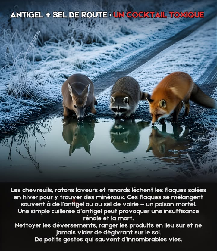 流 Pourquoi lantigel et le sel de route sont dangereux pour les animaux

 Les chevreuils, les animaux domestiques et la faune lèchent les flaques salées en hiver pour y trouver des minéraux
 Lantigel éthylène glycol se mélange souvent à la neige fondue et au sel
 Une simple cuillerée peut provoquer une insuffisance rénale fatale chez les chiens, les chats et les animaux sauvages
 Le sel de route peut brûler les pattes et perturber la digestion lorsquils le lèchent

Comment les protéger :
 Nettoyer immédiatement tout déversement dantigel ou de produits chimiques
 Conserver antigel, dégivrant et sel dans des contenants fermés, rangés à lintérieur
 Ne jamais jeter dantigel ou de dégivrant usagé sur le sol
 Privilégier les fondants de glace sûrs pour les animaux domestiques et la faune

 Quelques minutes dattention en hiver peuvent sauver une vie  et préserver chiens, chats et animaux sauvages.