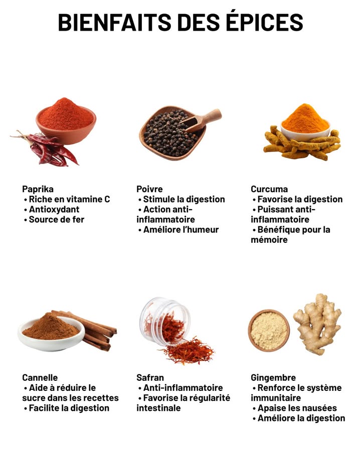 Bienfaits des épices

 Paprika  riche en vitamine C, antioxydant et source de fer
蓼 Poivre  stimule la digestion, anti-inflammatoire, soutien naturel pour le moral
 Curcuma  aide la digestion, puissant anti-inflammatoire, bénéfique pour la mémoire
 Cannelle  réduit le sucre dans les préparations et facilite la digestion
 Safran  anti-inflammatoire et favorable au transit
 Gingembre  renforce les défenses, apaise les nausées, améliore la digestion

Un assortiment de saveurs qui nourrit autant le corps que la cuisine du quotidien.