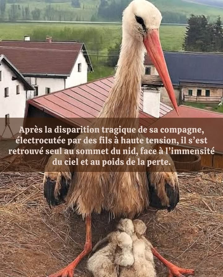 Après la disparition tragique de sa compagne, électrocutée par des câbles à haute tension, un papa cigogne sest retrouvé seul, tout en haut du nid, avec quatre petits à nourrir.
Quatre vies fragiles, affamées et sans défense, ne dépendant que de lui.

La douleur aurait pu le briser. Mais il a choisi de rester.
Jour et nuit, il a veillé sur eux, affrontant le vent, la pluie et la solitude.
Pas dhésitation  seulement linstinct, lamour et le courage.

Puis, un jour, une aide inattendue est arrivée : trois fois par jour, un homme grimpe jusquau nid pour apporter de la nourriture.
Pas seulement pour les oisillons, mais aussi pour ce père épuisé qui ne cesse de lutter.

Ainsi, homme et cigogne tissent, pas à pas, une histoire qui dépasse les mots 
une histoire de résilience, de dévouement et damour.

Parce que, même dans le monde animal, lamour dun père est une force silencieuse et immense  présente dans chaque geste, chaque sacrifice, chaque vie quil protège envers et contre tout.