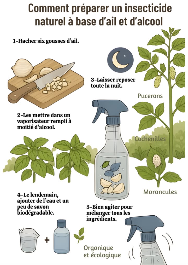 龍 Alcool à lail : un insecticide naturel contre les cochenilles, pucerons et autres parasites 

Préparation :
1 Hacher 6 gousses dail et les placer dans un flacon vaporisateur.
2 Verser de lalcool blanc jusquà remplir la moitié du flacon.
3 Laisser macérer toute la nuit.
4 Le lendemain, ajouter la même quantité deau que dalcool et un peu de savon de Marseille liquide ou de détergent biodégradable.
5 Bien agiter pour mélanger les ingrédients.

Utilisation :
Vaporiser lalcool à lail sur les plantes infestées pour éloigner pucerons, cochenilles, fourmis, guêpes et autres insectes nuisibles.

 Une solution écologique, économique et efficace pour protéger naturellement le jardin.