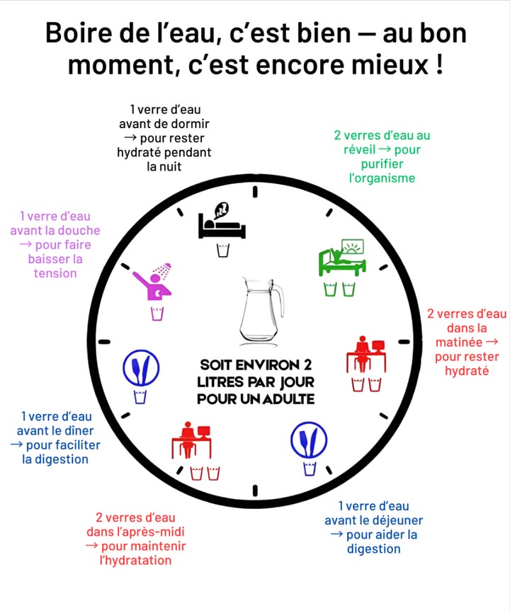 Boire de leau au bon moment 
Découvrez comment garder votre corps hydraté et en bonne santé grâce à une routine simple et efficace : boire de leau aux bons moments de la journée.

 2 verres au réveil  pour purifier lorganisme
 2 verres dans la matinée  pour rester hydraté
 1 verre avant le déjeuner  pour faciliter la digestion
 2 verres laprès-midi  pour maintenir lénergie
 1 verre avant le dîner  pour aider la digestion
 1 verre avant la douche  pour faire baisser la tension
 1 verre avant de dormir  pour rester hydraté la nuit

 Environ 2 litres par jour pour un adulte  un geste simple qui améliore le bien-être quotidien.