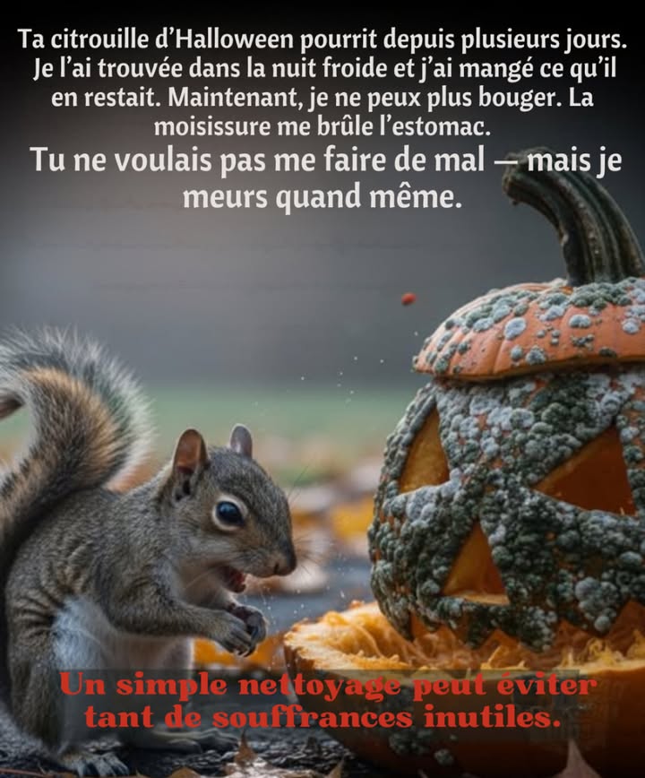 Quand les citrouilles sculptées restent dehors trop longtemps,
elles développent de la moisissure et des bactéries toxiques pour la faune sauvage.
Les ratons laveurs, écureuils et opossums mangent souvent les restes
et tombent malades à cause des moisissures ou de troubles digestifs. 劣

 Pour les protéger :
 Retire les citrouilles sculptées après quelques jours
 Composte ou jette celles qui sont moisies de manière sécurisée
 Noffre aux animaux que des restes frais, si tu veux les nourrir intentionnellement

 Un simple nettoyage peut éviter bien des souffrances inutiles.
#SécuritéCitrouilles #NettoyageHalloween #ProtectionFaune
