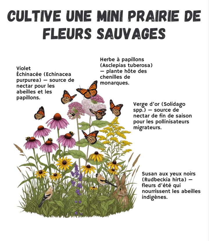 Cultiver une mini prairie de fleurs sauvages : un havre pour la biodiversité 曆 Créer une mini prairie fleurie, cest restaurer léquilibre entre beauté naturelle et vie sauvage. Ces espaces colorés et vibrants deviennent des refuges où les abeilles, papillons et autres pollinisateurs trouvent nourriture et abri, contribuant à la vitalité des écosystèmes. Un écosystème vivant et autonome Les prairies naturelles, menacées par lentretien intensif et les surfaces uniformes, sont des réservoirs de biodiversité. Recréer une prairie, cest réintroduire un cycle naturel où le sol senrichit, la faune prospère et les plantes sépanouissent sans intervention excessive. Les fleurs essentielles à planter Échinacée pourpre Echinacea purpurea floraison durable, nectar généreux pour abeilles et papillons. Herbe à papillons Asclepias tuberosa refuge vital pour les chenilles de monarques. Verge dor Solidago spp. floraison tardive, source de nectar pour les pollinisateurs migrateurs. Susan aux yeux noirs Rudbeckia hirta éclat doré de lété, essentielle aux abeilles indigènes. Créer sa prairie naturelle Un emplacement ensoleillé, un sol aéré et quelques semis suffisent à initier ce petit écosystème. Les graines se sèment à la volée, le sol se tasse légèrement, puis la pluie et le temps font le reste. Une tonte légère, une à deux fois par an, permet de maintenir la diversité sans perturber la faune. Un refuge miniature pour la vie Chaque mini prairie devient un microcosme où plantes, insectes et oiseaux cohabitent en harmonie. Ce petit coin de nature, libre et vivant, régénère le sol, nourrit les pollinisateurs et réenchante le paysage. Une prairie fleurie, cest un souffle de vie au cœur du jardin.