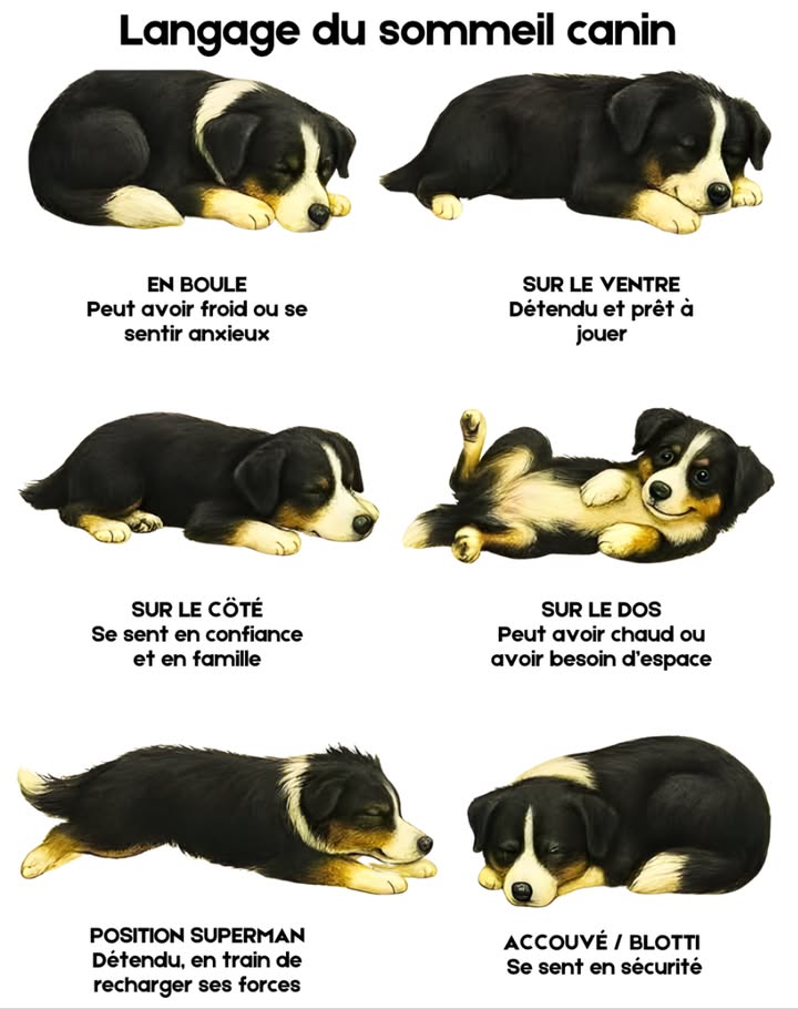 Le langage du sommeil chez le chien Chaque posture révèle une part de son bien-être intérieur : En boule : signe de fraîcheur ou dun léger besoin de sécurité. Sur le ventre : corps détendu, prêt à bondir pour jouer. Sur le côté : confiance totale et sensation de foyer. Sur le dos : recherche despace ou besoin de se rafraîchir. Position Superman : détente profonde et recharge dénergie. Blotti : sentiment de protection et de confort. Observer la façon dont un chien dort permet de mieux comprendre ses émotions et de renforcer la complicité avec ce fidèle compagnon.