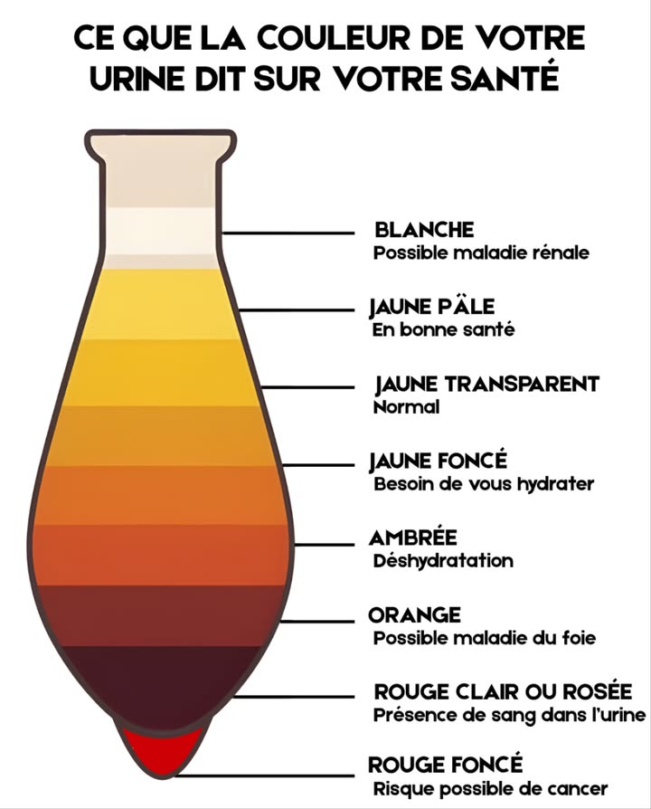Ce que la couleur de votre urine révèle sur votre santé Votre corps envoie souvent des signaux discrets sur votre état de santé et la couleur de votre urine en fait partie. Voici ce que chaque teinte peut indiquer 懶 Blanche : Possibles problèmes rénaux consultez un médecin si cela persiste. Jaune pâle : Parfait ! Vous êtes bien hydraté et en bonne santé. Jaune clair et transparent : Normal continuez à bien vous hydrater. Jaune foncé : Il est temps de boire davantage deau légère déshydratation. Ambrée : Déshydratation importante augmentez rapidement votre apport en liquides. Orange : Peut indiquer un trouble du foie ou des voies biliaires. Rouge clair ou rosée : Présence possible de sang consultez un professionnel de santé. 喝 Rouge foncé : Peut être signe dune maladie grave, comme un cancer à vérifier sans délai. Astuce : Une urine jaune pâle est le meilleur indicateur dun corps bien équilibré et hydraté.