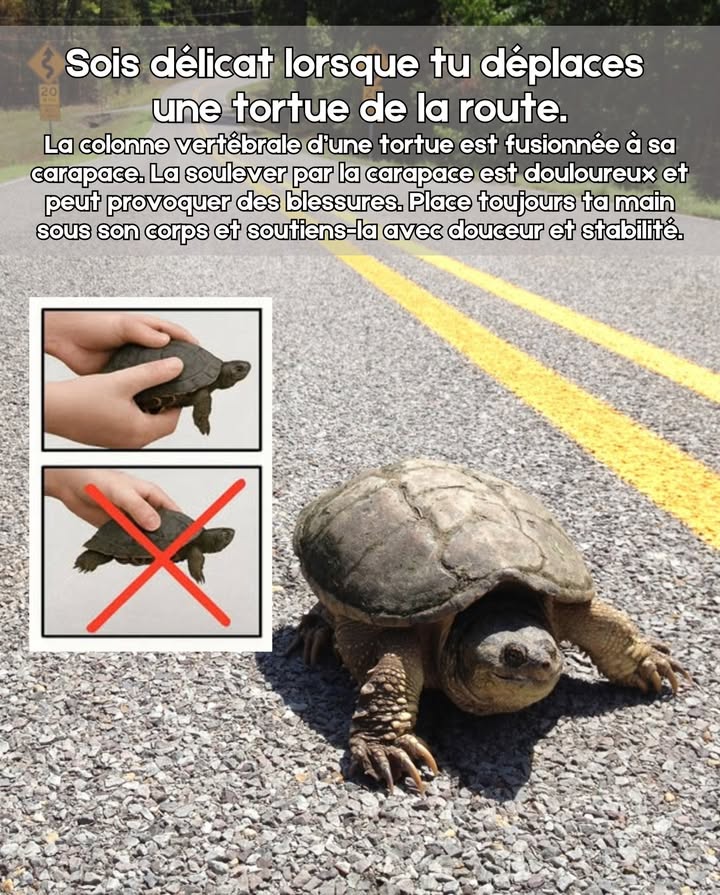 Fais attention en aidant les tortues Les tortues ont besoin dêtre manipulées avec douceur et respect lorsquon les aide à traverser la route. Leur colonne vertébrale est fusionnée à leur carapace, donc les soulever par celle-ci est douloureux et peut provoquer des blessures. Pour les protéger, place toujours tes mains sous leur corps et soutiens-les par en dessous, en leur offrant un appui complet. Ainsi, tu évites les dommages et facilites leur passage en toute sécurité. #ProtectionDesTortues #RespectDeLaFaune #GestesResponsables