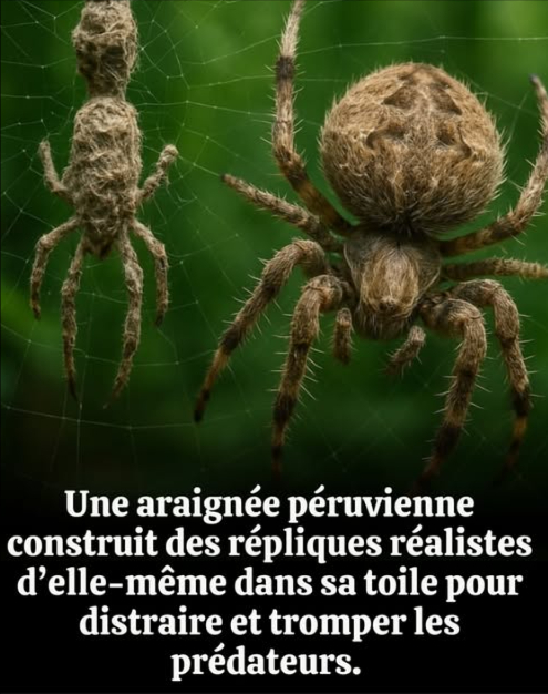 LAraignée de lAmazonie Péruvienne  Maîtresse du Leurre 

Cette araignée, probablement une espèce du genre Cyclosa, présente un comportement remarquable observé dans la forêt amazonienne du Pérou.

 Un Art Unique du Mimétisme
Le genre Cyclosa construit des leurres ou  mannequins  dans ses toiles à partir de soie, de feuilles et dinsectes morts. La variété péruvienne se distingue par lexactitude avec laquelle elle imite son propre corps : proportions, formes et disposition des pattes.

 Découverte Scientifique
Ce phénomène a été documenté en 2012 par le biologiste Phil Torres, près du Centre de Recherche de Tambopata. Laraignée y a été observée fabriquant ses leurres avec une précision remarquable.

 Un Leurre Défensif
Ces mannequins agissent comme une ruse protectrice, trompant oiseaux et guêpes. Parfois, laraignée fait vibrer la toile pour donner un effet de mouvement et renforcer lillusion.

 Stratégie dÉvasion
Cette technique détourne les attaques vers le leurre et augmente ainsi ses chances de survie.

 Un Exemple Rare dIngéniosité Évolutive
Ce mimétisme défensif illustre la richesse des adaptations créées par lévolution et démontre lingéniosité même des plus petits invertébrés.