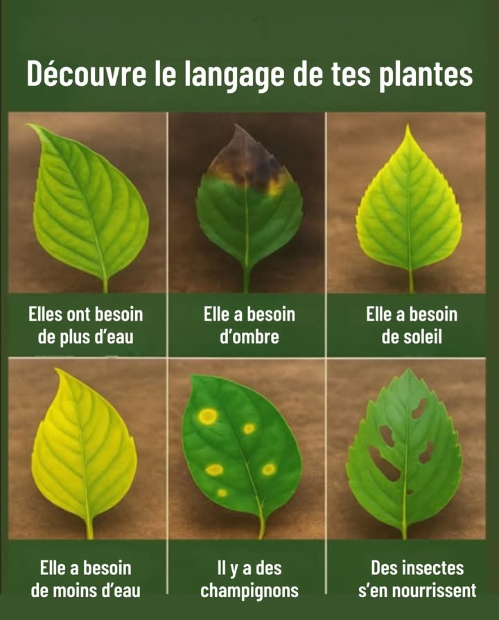 Découvre le langage de tes plantes 

 Elles ont besoin de plus deau
Feuilles molles, flétries ou décolorées.
 Arrose plus souvent et vérifie régulièrement lhumidité du sol.

 Elles ont besoin dombre
Pointes de feuilles brûlées ou noircies.
 Déplace la plante vers une lumière indirecte ou installe un voile dombrage.

 Elles ont besoin de soleil
Feuilles pâles, vert jaunâtre, sans vitalité.
 Place la plante dans un endroit plus lumineux, avec plus de lumière directe ou filtrée.

 Elles ont besoin de moins deau
Feuilles jaunies, surtout à la base ou aux extrémités.
 Laisse le sol sécher entre deux arrosages et assure un bon drainage.

 Présence de champignons
Taches jaunes ou brunes circulaires sur les feuilles.
 Coupe les parties touchées, améliore laération et évite de mouiller le feuillage.

 Insectes à lœuvre
Feuilles trouées ou grignotées.
 Inspecte la plante pour repérer les nuisibles chenilles, coléoptères et utilise des répulsifs naturels ou du savon insecticide.

 Conseil pro :
Des feuilles saines sont uniformes, éclatantes et sans taches.
Un contrôle régulier permet de prévenir les problèmes avant quils ne deviennent graves.