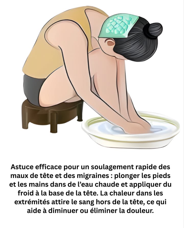 Soulagement naturel contre le mal de tête
 Plonger les pieds et les mains dans de leau chaude.
 Appliquer du froid à la base de la tête.
 La chaleur aux extrémités attire le flux sanguin loin de la zone douloureuse.
 Une méthode simple et naturelle pour apaiser ou faire disparaître rapidement la douleur.