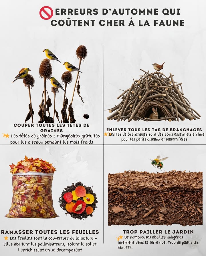 Erreurs dautomne à éviter pour protéger la faune !

1 Couper les têtes de graines trop tôt : elles nourrissent en hiver les oiseaux comme les chardonnerets et les mésanges.
2 Trop pailler : les abeilles sauvages ont besoin de sol nu pour hiverner ; trop de paillis les étouffe.
3 Enlever les tas de branchages : ils offrent un abri vital aux petits oiseaux et mammifères.
4 Ramasser toutes les feuilles : elles isolent le sol et abritent les pollinisateurs comme les papillons et les abeilles.

 Aidons la faune à prospérer cet automne !