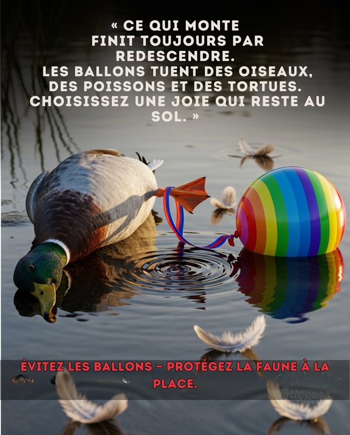 Les ballons qui senvolent ne disparaissent pas  ils finissent dans les rivières et les océans.
Les animaux confondent les rubans et le latex avec de la nourriture ou du matériel de nidification.
Tortues, poissons et oiseaux meurent chaque année denchevêtrement ou dingestion.
Célébrez autrement : plantez un arbre, faites des bulles ou faites voler un cerf-volant.