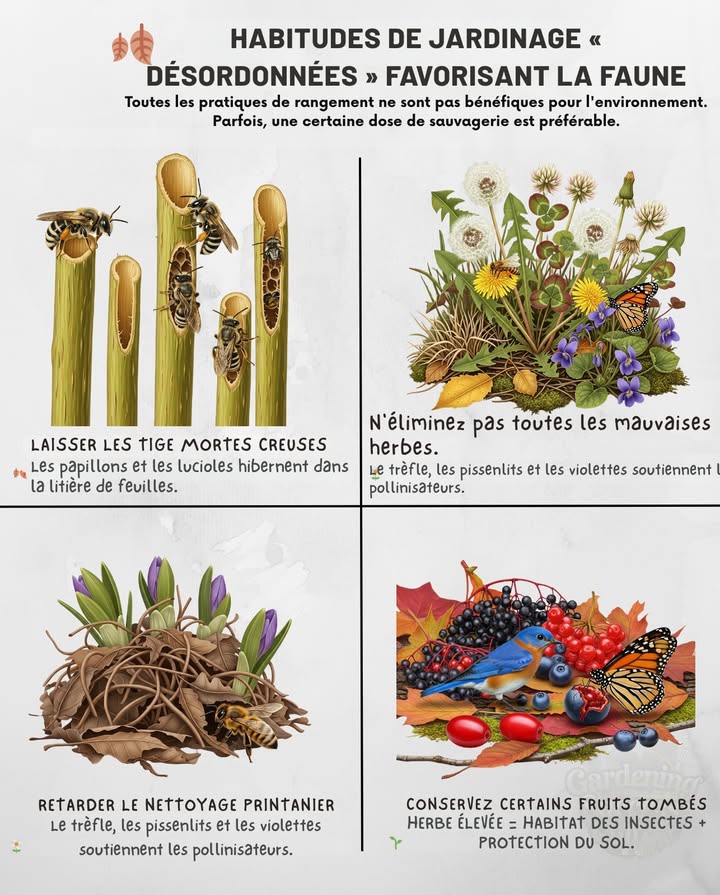 Un peu de sauvagerie dans le jardin soutient les pollinisateurs, les oiseaux et la vie du sol. 

 Laissez les tiges mortes creuses  abris pour les abeilles et les insectes hivernants
 Ne retirez pas toutes les mauvaises herbes  trèfles, pissenlits et violettes nourrissent les pollinisateurs au printemps
 Retardez le grand nettoyage de printemps  les insectes et papillons peuvent émerger en toute sécurité avec la chaleur
 Gardez quelques fruits tombés  nourriture pour les oiseaux, papillons et petits mammifères