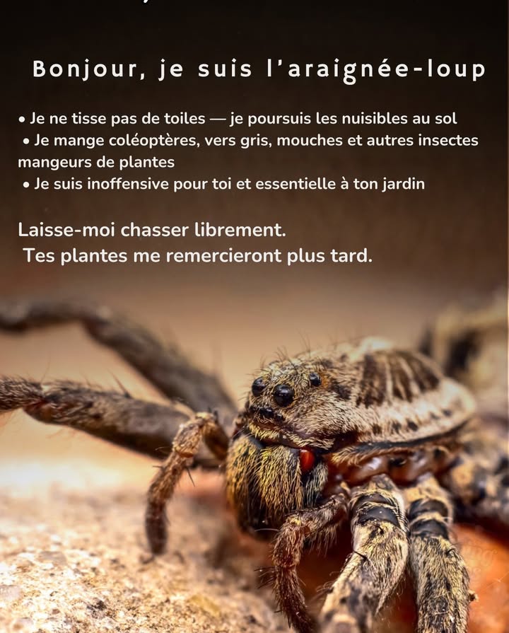 Voici laraignée-loup  la protectrice silencieuse du jardin

Tous les auxiliaires du jardin nont pas des ailes ou une petite bouille mignonne.
Certains ont huit pattes et un travail indispensable.

Les araignées-loups chassent au niveau du sol, éliminant discrètement les nuisibles qui grignotent les feuilles et détruisent les jeunes plants.
 Coléoptères
 Vers gris
 Mouches
 Petits insectes mangeurs de plantes

Elles ne construisent pas de toiles  elles patrouillent comme de minuscules gardiennes nocturnes.
Elles ne représentent aucun danger pour les humains ou les animaux.
Elles maintiennent simplement léquilibre que les produits chimiques viendraient perturber.

 Les jardins en bonne santé ne sont pas toujours parfaitement rangés.
Ils sont vivants  remplis de travailleurs que tu ne verras jamais.

Laisse la nature se défendre elle-même  et tu verras tes plantes sépanouir.