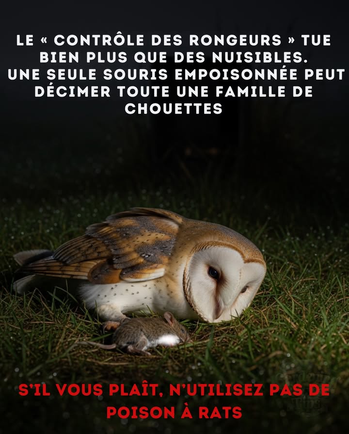 Le poison ne sarrête pas aux rongeurs. 黎
Les chouettes, les faucons, les renards et les chats meurent après avoir mangé des proies contaminées.
Une seule souris empoisonnée peut tuer une famille entière de chouettes.
Utilisez plutôt des pièges, bouchez les points dentrée ou encouragez les chouettes à nicher pour un contrôle naturel.
