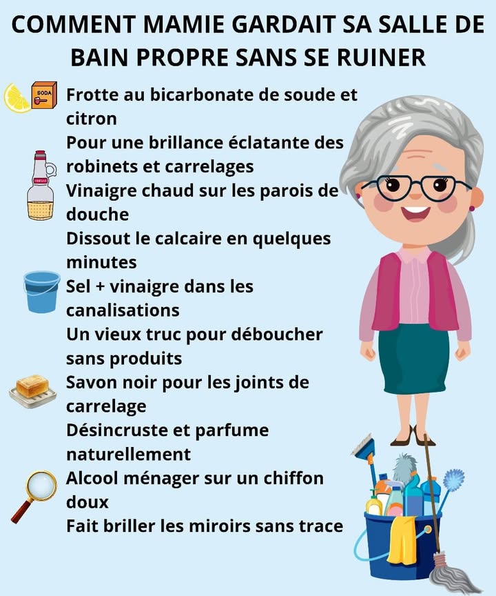 Salle de bain éclatante sans dépenser 
Voici 5 astuces naturelles simples et économiques pour une salle de bain toujours propre et brillante 
1 Bicarbonate  citron 
 Frotte les robinets et le carrelage pour une brillance éclatante.
2 Vinaigre chaud 林
 Passe-le sur les parois de douche pour dissoudre le calcaire en un rien de temps.
3 Sel  vinaigre 画
 Verse dans les canalisations pour les déboucher sans produits chimiques.
4 Savon noir 識
 Parfait pour nettoyer les joints et parfumer naturellement.
5 Alcool ménager sur chiffon doux 爵
 Pour des miroirs impeccables et sans trace.
#maisonnaturelle #astucesdemamie