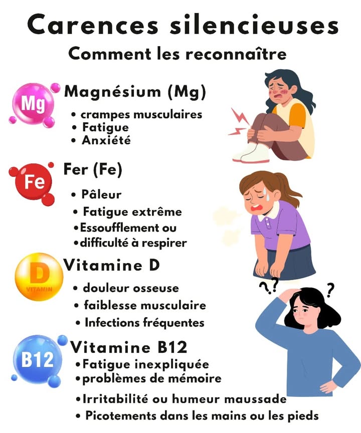Les carences silencieuses à connaître 
1 Magnésium Mg 
Crampes musculaires, fatigue, nervosité et anxiété.
2 Fer Fe 
Teint pâle, grande fatigue, essoufflement même après un léger effort.
3 Vitamine D 
Douleurs aux os, faiblesse musculaire, infections répétées.
4 Vitamine B12 
Fourmillements dans les mains ou les pieds, fatigue persistante, troubles de la mémoire ou humeur changeante.
 Une alimentation variée et équilibrée est la clé pour garder ton corps fort et ton esprit clair. Pense à privilégier les fruits, légumes, céréales complètes et sources naturelles de vitamines.
#santenaturelle #bienetre