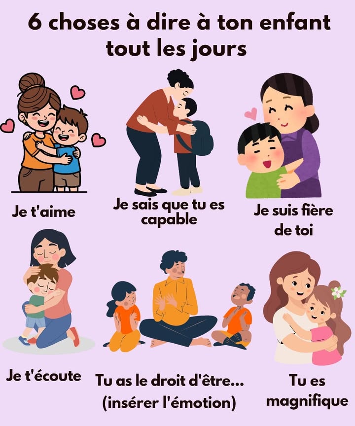 6 phrases puissantes à dire à ton enfant chaque jour 
Parce que les mots ont le pouvoir de construire la confiance, lamour et la sécurité  Ces petites phrases peuvent transformer une journée ordinaire en un moment magique, plein dencouragements et daffection. En les répétant, tu nourris lestime de soi de ton enfant et tu renforces votre lien. 
1 Je taime 
Ces trois mots simples mais puissants rappellent à ton enfant quil est entouré damour, peu importe les circonstances.
2 Je sais que tu es capable 
Encourage ton enfant à croire en ses propres capacités. Cest un message fort qui laide à développer sa confiance en soi.
3 Je suis fière de toi 
Que ce soit pour un petit ou un grand accomplissement, ces mots montrent que tu reconnais et apprécies ses efforts.
4 Je técoute 
Cette phrase montre à ton enfant que ses paroles sont importantes. Il se sentira écouté et valorisé, renforçant ainsi sa capacité à communiquer.
5 Tu as le droit dêtre insère lémotion 
Quil soit heureux, triste ou en colère, donne-lui lespace pour vivre ses émotions sans jugement. Cela laide à comprendre quil a le droit dêtre lui-même.
6 Tu es magnifique 
Cela va au-delà de lapparence physique. En lui disant quil est magnifique, tu valorises aussi son caractère et son âme.
Ces mots peuvent littéralement transformer la journée et, au fil du temps, la vie de ton enfant 
#ParentingLove  #confianceensoi