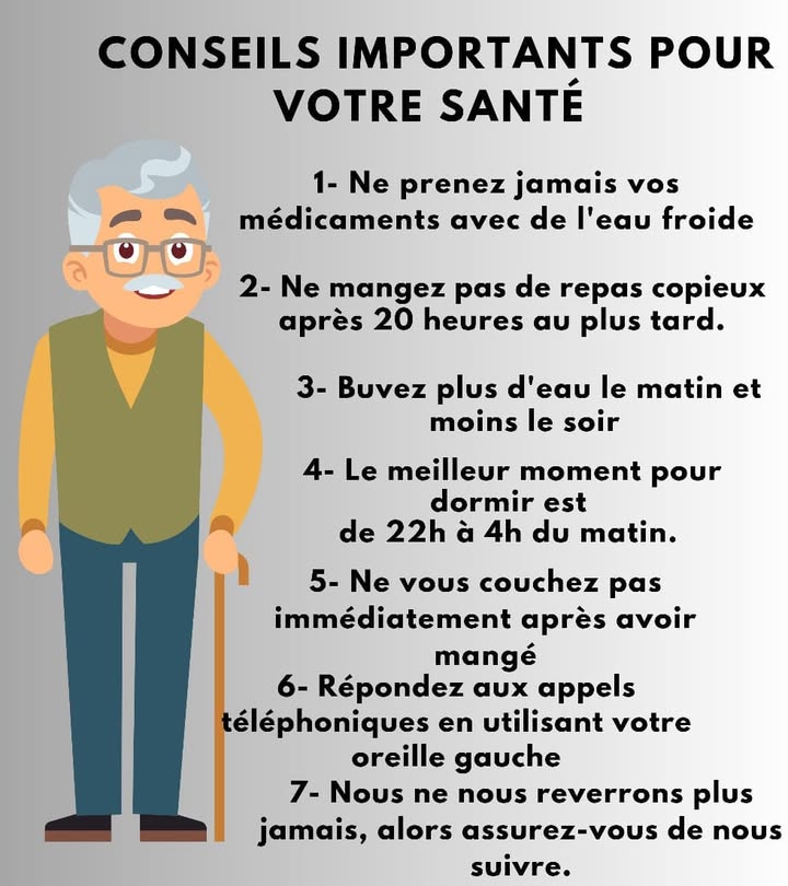 12 aliments à manger quand vous êtes malade 蠟
Quand le corps lutte contre la maladie, certains aliments peuvent vraiment aider à récupérer plus vite. Voici une liste simple et réconfortante pour retrouver la forme naturellement.
北 Aliments recommandés :
 Soupe au poulet 
 Bouillie davoine 
 Banane 
 Miel 
 Gingembre frais 
 Ail 龍
 Citron 
 Yaourt nature 拏
 Thé vert 
 Riz blanc 
 Carottes cuites 凌
 Pomme râpée 
1 Reposez votre estomac : privilégiez les repas légers et tièdes.
2 Hydratez-vous souvent : eau, infusions ou bouillons sont vos meilleurs alliés.
3 Évitez les aliments gras et sucrés qui ralentissent la digestion.
4 Consommez du miel et du citron pour apaiser la gorge.
5 Mangez lentement et écoutez votre corps : il sait quand il en a assez.
Ces petits gestes simples peuvent accélérer la guérison et redonner de lénergie sans effort.
#santenaturelle  #RecettesMaison