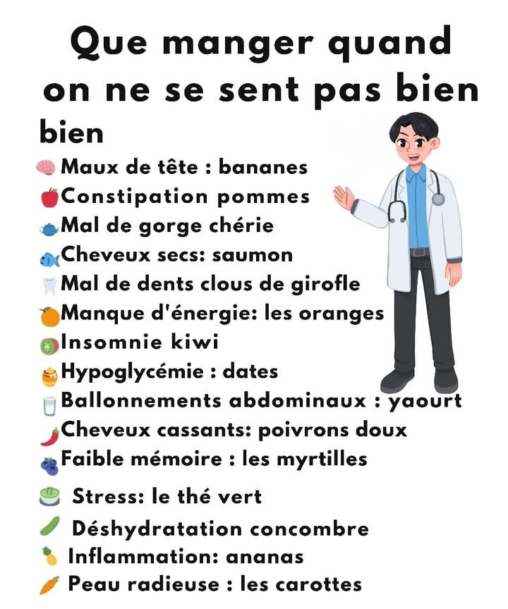 Que manger quand on ne se sent pas bien 凌
1  Maux de tête : le banane aide à détendre les muscles grâce au magnésium.
2  Constipation : la pomme, riche en fibres, régule le transit naturellement.
3  Gorge irritée : le miel apaise et agit comme antibactérien naturel.
4  Cheveux secs : le saumon nourrit la fibre capillaire avec ses oméga-3.
5  Douleur dentaire : les clous de girofle soulagent naturellement la douleur.
6  Fatigue : les oranges rechargent les batteries avec leur vitamine C.
7 諾 Insomnie : le kiwi favorise un sommeil plus paisible et réparateur.
8  Hypoglycémie : les dattes redonnent rapidement de lénergie.
9 拏 Ballonnements : le yaourt soutient la flore intestinale et la digestion.
  Cheveux fragiles : les poivrons riches en vitamine C stimulent la kératine.
11 𢡄 Mémoire faible : les myrtilles boostent la concentration et la santé cérébrale.
12  Stress : le thé vert favorise la détente et la clarté desprit.
13 勒 Déshydratation : le concombre rafraîchit et reminéralise lorganisme.
14  Inflammation : lananas calme grâce à la bromélaïne naturelle.
15 凌 Peau éclatante : la carotte illumine le teint avec son bêta-carotène.
#bienetre #alimentationnaturelle