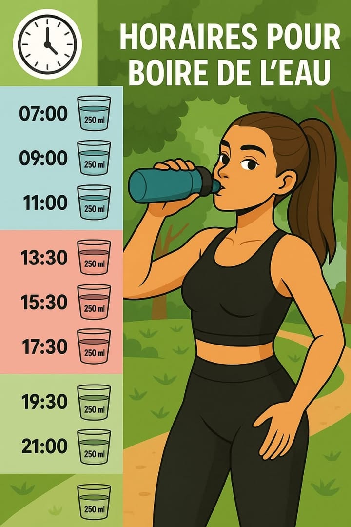 Horaires pour bien shydrater chaque jour 
Rester hydraté tout au long de la journée est essentiel pour ton énergie, ta peau et ta santé. Voici un petit guide simple à suivre pour boire de leau au bon moment et sans effort.
磻 Quantités recommandées
07:00  250 ml 
09:00  250 ml 
11:00  250 ml 
13:30  250 ml 
15:30  250 ml 
17:30  250 ml 
19:30  250 ml 
21:00  250 ml 
1 Bois ton premier verre dès le réveil pour réveiller ton corps.
2 Bois un verre avant chaque repas pour favoriser la digestion.
3 Bois après une activité physique pour compenser la perte deau.
4 Bois un dernier verre avant de dormir pour une bonne hydratation nocturne.
 Une routine simple pour garder ton corps en pleine forme, jour après jour !
#santenaturelle #HydrationBoost