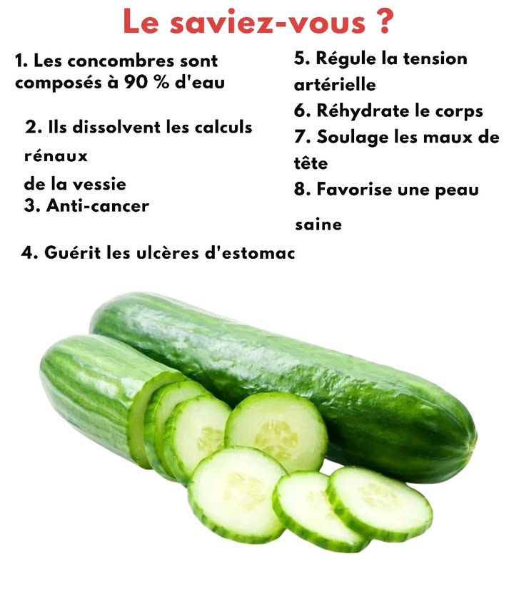 勒 Bienfaits Méconnus du Concombre 

1. 流 Hydratation optimale : composé à 90 % deau, il rafraîchit et désaltère.

2.  Soutien des reins et de la vessie : son effet diurétique aide à éliminer les toxines.

3.  Pouvoir protecteur : riche en antioxydants, il contribue à limiter certains risques.

4. 洛 Apaisant digestif : calme lestomac et favorise la cicatrisation des ulcères.

5.  Équilibre de la tension : grâce au potassium et au magnésium.

6.  Réservoir deau naturel : participe à une bonne réhydratation de lorganisme.

7. 勞 Anti-maux de tête : lutte contre les céphalées liées à la déshydratation.

8.  Beauté de la peau : hydrate, tonifie et réduit les gonflements.