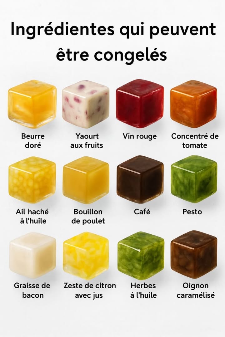 Astuces pour congeler et optimiser ta cuisine 
1 Zeste et jus de citron  : parfaits pour les pâtisseries et les marinades.
2 Beurre doré  : idéal pour la cuisson ou pour donner du goût aux plats.
3 Yaourt aux fruits  : prêt pour les smoothies ou les desserts glacés.
4 Vin rouge  : pratique pour les sauces et les soupes.
5 Concentré de tomate  : garde sa saveur intense pendant des mois.
6 Ail haché dans lhuile 龍 : prêt pour une cuisson rapide.
7 Bouillon de volaille  : parfait pour les risottos et soupes maison.
8 Café  : utile pour les recettes sucrées ou boissons glacées.
9 Pesto  : conserve son arôme et sa fraîcheur.
10 Graisse de bacon 肋 : ajoute une touche savoureuse aux légumes.
11 Oignons caramélisés 暈 : parfaits pour les burgers et les tapas.
 Astuce : utilise des bacs à glaçons en silicone et range les cubes dans des sacs hermétiques pour une meilleure conservation.
#astucescuisine #viepratique #fblifestyle