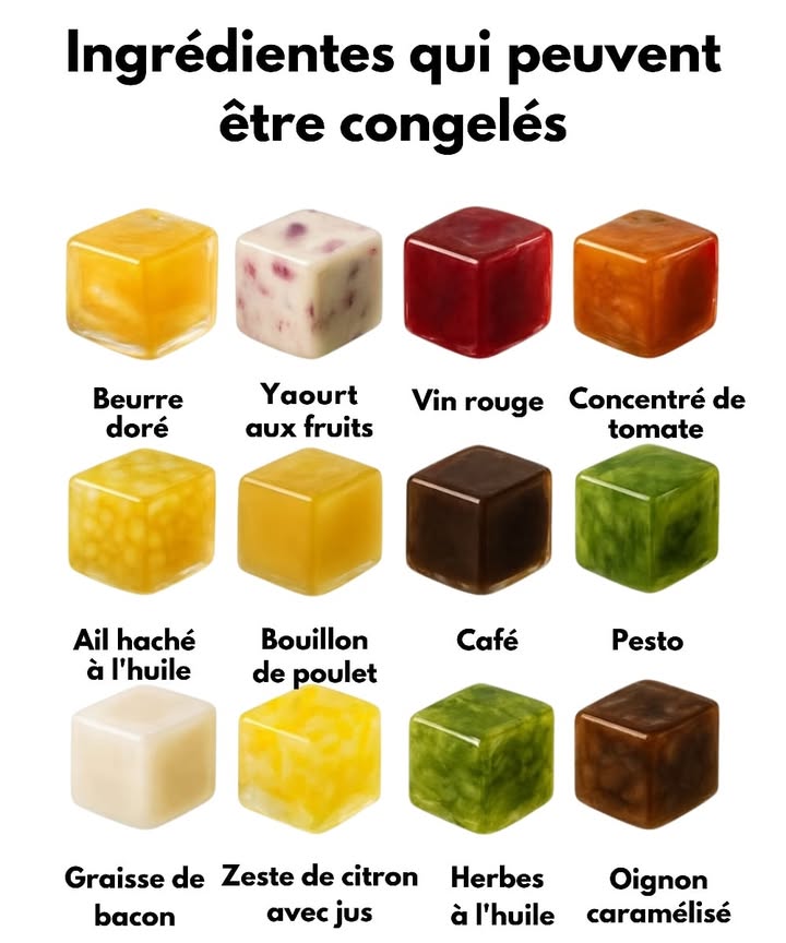 Astuces pour congeler et optimiser ta cuisine 
1 Zeste et jus de citron  : parfaits pour les pâtisseries et les marinades.
2 Beurre doré  : idéal pour la cuisson ou pour donner du goût aux plats.
3 Yaourt aux fruits  : prêt pour les smoothies ou les desserts glacés.
4 Vin rouge  : pratique pour les sauces et les soupes.
5 Concentré de tomate  : garde sa saveur intense pendant des mois.
6 Ail haché dans lhuile 龍 : prêt pour une cuisson rapide.
7 Bouillon de volaille  : parfait pour les risottos et soupes maison.
8 Café  : utile pour les recettes sucrées ou boissons glacées.
9 Pesto  : conserve son arôme et sa fraîcheur.
10 Graisse de bacon 肋 : ajoute une touche savoureuse aux légumes.
11 Oignons caramélisés 暈 : parfaits pour les burgers et les tapas.
 Astuce : utilise des bacs à glaçons en silicone et range les cubes dans des sacs hermétiques pour une meilleure conservation.
#astucescuisine #viepratique #fblifestyle