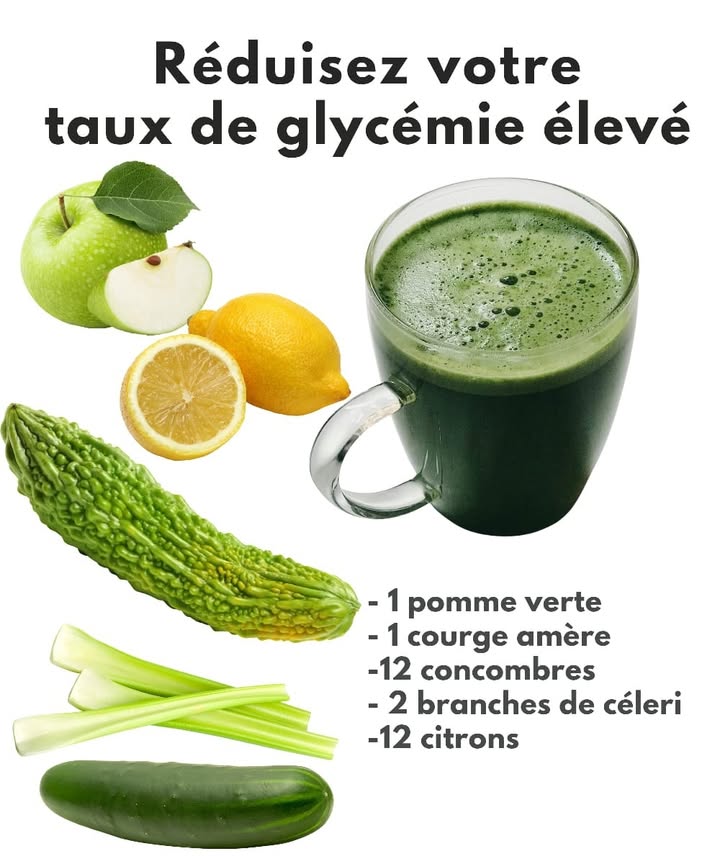 Élixir Naturel pour lÉquilibre du Sucre 
 Ingrédients
 1 pomme verte 
 1 petit concombre amer, épluché et sans graines 
 12 concombre 勒
 2 branches de céleri 
 Jus d12 citron 
 Préparation
1 Mixer tous les ingrédients ensemble jusquà obtenir une boisson lisse.
2 Filtrer si nécessaire pour une texture plus douce.
3 Boire lentement à jeun pour profiter pleinement de ses bienfaits.
 Astuce
Ajoute une pincée de sel noir  1 feuille de tulsi pour purifier davantage le sang et améliorer le goût.
 Remarque
Éviter en cas de grossesse ou de tension basse. Si tu prends des médicaments pour la glycémie, demande un avis médical, cette boisson peut renforcer leurs effets.
#detoxnaturelle #santeholistique