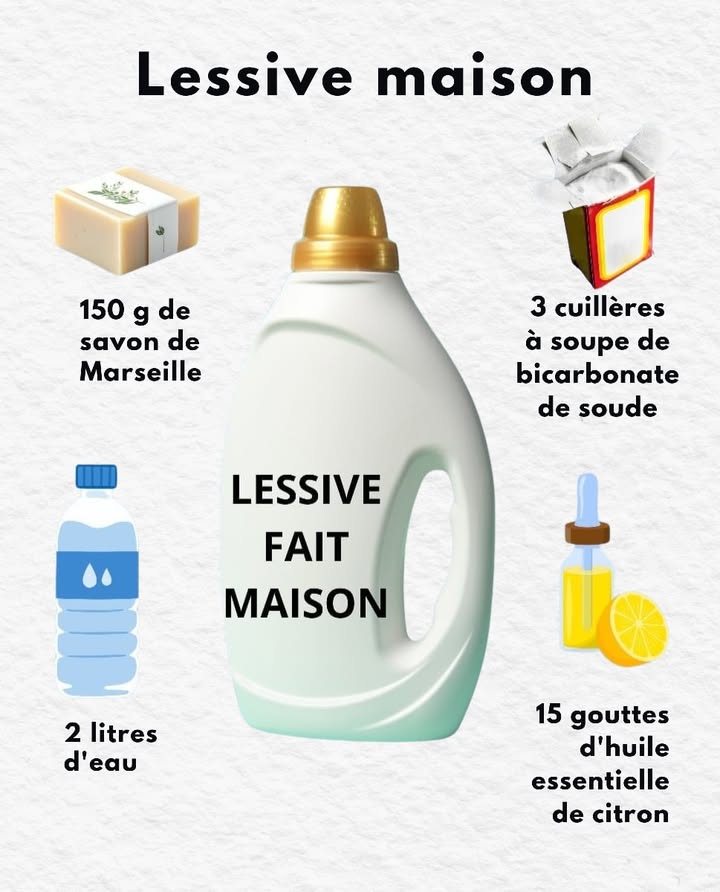 狀 Prépare une lessive maison facile et respectueuse 
Envie déviter les produits industriels trop forts et les emballages superflus ? Cette version naturelle nettoie efficacement tout en restant douce pour la peau et lenvironnement.

 Ingrédients
150 g de savon de Marseille râpé 識
3 cuillères à soupe de bicarbonate de soude 籠
2 litres deau 
15 gouttes dhuile essentielle de citron 

林 Préparation
1 Fais chauffer leau et laisse-y dissoudre le savon.
2 Incorpore le bicarbonate puis laisse reposer jusquà refroidissement complet.
3 Transfère la préparation dans une bouteille propre et ajoute lhuile essentielle.
4 Agite bien avant chaque lessive 

 Une alternative simple, économique et écologique pour un linge propre au quotidien.
#ecologie  #faitmaison