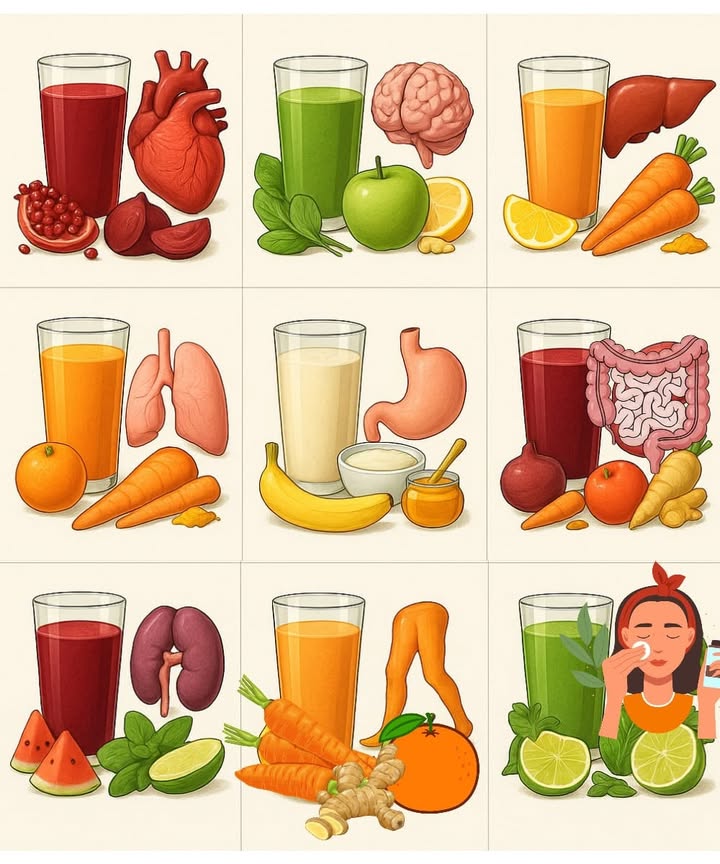 Jus Santé Naturelle 
Découvre une série de jus naturels pour chouchouter chaque organe de ton corps et booster ton bien-être au quotidien.
變 Jus du Cœur
 Ingrédients :
 Grenade 
 Betterave 
 Pomme rouge 
 Jus de citron 
1 Mélange tous les ingrédients dans un mixeur.
2 Bois-le frais pour stimuler la circulation et renforcer ton cœur.
易 Jus du Cerveau
 Ingrédients :
 Épinards 
 Céleri 
 Pomme verte 
 Citron 
 Petit morceau de gingembre 
1 Mixe bien le tout.
2 Déguste pour une meilleure concentration et mémoire.
 Jus du Foie
 Ingrédients :
 Carotte 凌
 Betterave 
 Pomme 
 Gingembre 
1 Mixe les ingrédients ensemble.
2 Bois-le pour purifier le foie et stimuler sa régénération.
 Jus des Poumons
 Ingrédients :
 Orange 
 Carotte 凌
 Curcuma 
 Cuillère de miel 
1 Mixe et savoure chaque matin.
2 Idéal pour renforcer limmunité et apaiser les inflammations.
 Jus de lEstomac
 Ingrédients :
 Banane 
 Yaourt 北
 Miel 
 Pincée de cannelle 
1 Mélange bien tous les ingrédients.
2 Calme les brûlures et favorise la digestion.
喝 Jus des Intestins
 Ingrédients :
 Betterave 
 Pomme 
 Carotte 凌
 Gingembre 
1 Mixe bien le tout.
2 Aide à nettoyer le côlon et stimule le transit.
匿 Jus des Reins
 Ingrédients :
 Pastèque 
 Concombre 勒
 Menthe 
 Citron 
1 Mixe tous les ingrédients.
2 Parfait pour drainer les reins et éliminer les sels.
例 Jus des Articulations
 Ingrédients :
 Carotte 凌
 Orange 
 Curcuma 
 Gingembre 
1 Prépare le mélange frais.
2 Apaise les douleurs et renforce les os.
 Jus de la Peau
 Ingrédients :
 Concombre 勒
 Pomme verte 
 Kiwi 諾
 Épinards 
 Jus de citron 
1 Mixe bien le tout.
2 Offre éclat et vitalité à ta peau.
#JusNaturel  #SantéMaison