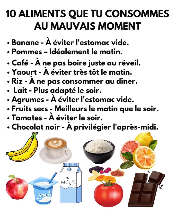 10 aliments à ne pas consommer au mauvais moment 
Certains aliments sont excellents pour la santé, mais leur timing peut changer la façon dont ton corps réagit. Voici un guide simple pour taider à mieux les consommer chaque jour.
1 Banane à éviter lestomac vide 
2 Pomme idéale le matin 
3 Café à éviter juste au réveil 
4 Yaourt à éviter très tôt le matin 北
5 Riz à ne pas consommer au dîner 
6 Lait plus adapté le soir 拏
7 Agrumes à éviter lestomac vide 
8 Fruits secs meilleurs le matin que le soir 
9 Tomates à éviter le soir 
 Chocolat noir à privilégier laprès-midi