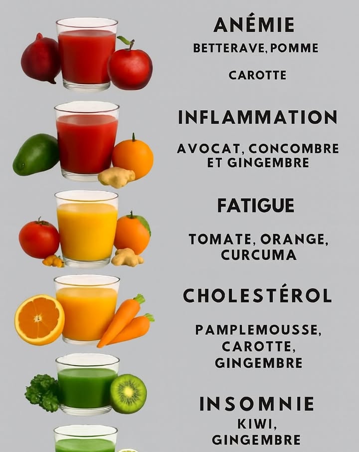 Des jus qui parlent à ton corps   
Écoute ce que ton corps murmure aujourdhui et offre-lui le mélange qui lui fait du bien 

Voici quelques alliances naturelles, simples et bienfaisantes :

 Besoin de renforcer ton sang ?  Betterave  Pomme  Carotte  
 Envie de calmer les inflammations ?  Avocat  Concombre  Gingembre  
 Fatiguée ? Recharge ton énergie  Tomate  Orange  Curcuma  
李 Ton cœur te parle ?  Pamplemousse  Carotte  Gingembre  
 En quête dun sommeil paisible ?  Kiwi  Gingembre

 Chaque gorgée est une caresse de nutriments : vitamines, fibres, antioxydants  
Un petit rituel quotidien, doux et puissant, pour prendre soin de toi   

 #bienetreauquotidien