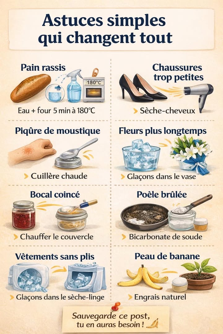 Astuces du quotidien qui simplifient la vie 易
De petits gestes simples peuvent résoudre des situations courantes sans effort ni matériel compliqué. Ces astuces pratiques sintègrent facilement au quotidien et permettent de gagner du temps tout en étant efficaces.
 Pain rassis
 Humidifier légèrement le pain puis le passer au four quelques minutes à 180 C
 La croûte retrouve son croustillant et lintérieur son moelleux
 Chaussures trop serrées
 Chauffer lintérieur avec un sèche-cheveux pendant quelques instants
 La matière sassouplit et sadapte mieux au pied
烈 Piqûre de moustique
 Appliquer une cuillère chauffée sur la zone concernée
 La chaleur aide à calmer rapidement les démangeaisons
 Fleurs plus longtemps fraîches
 Ajouter quelques glaçons dans leau du vase
 La fraîcheur ralentit le flétrissement
龎 Bocal coincé
 Chauffer légèrement le couvercle
 Le métal se dilate et facilite louverture
 Poêle brûlée
 Saupoudrer du bicarbonate de soude et laisser agir
 Le nettoyage devient plus simple et efficace
 Vêtements sans plis
 Ajouter des glaçons dans le sèche-linge
 La vapeur détend les fibres et réduit les faux plis
 Peaux de banane
 Les utiliser comme engrais naturel pour les plantes
 Elles apportent des nutriments bénéfiques au sol
Ces astuces du quotidien offrent des solutions simples, économiques et accessibles, idéales pour faciliter la vie de tous les jours avec bon sens et efficacité.