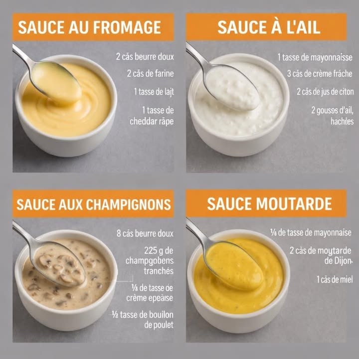 Quatre sauces maison incontournables
Ces sauces classiques apportent chacune une touche unique pour sublimer plats, viandes ou accompagnements. Simples à préparer, elles offrent des textures onctueuses et des saveurs équilibrées, idéales pour une cuisine maison raffinée.
Ingrédients :
Sauce au fromage
2 cuillères à soupe de beurre doux
2 cuillères à soupe de farine
1 tasse de lait
1 tasse de cheddar râpé
Sauce à lail
1 tasse de mayonnaise
3 cuillères à soupe de crème fraîche
2 cuillères à soupe de jus de citron
2 gousses dail hachées
Sauce aux champignons
8 cuillères à soupe de beurre doux
225 g de champignons tranchés
 de tasse de crème épaisse
 tasse de bouillon de poulet
Sauce moutarde
 de tasse de mayonnaise
2 cuillères à soupe de moutarde de Dijon
1 cuillère à soupe de miel
Préparation :
燎 Faire fondre le beurre, ajouter la farine, puis incorporer le lait et le cheddar en remuant jusquà obtenir une sauce lisse et crémeuse.
龍 Mélanger la mayonnaise, la crème fraîche, le jus de citron et lail jusquà obtenir une texture homogène et fraîche.
 Faire revenir les champignons dans le beurre, ajouter le bouillon et la crème, puis laisser mijoter doucement jusquà épaississement.
 Mélanger la mayonnaise, la moutarde de Dijon et le miel pour une sauce douce et légèrement relevée.
Conclusion :
Ces quatre sauces maison se distinguent par leur simplicité et leur polyvalence. Elles permettent denrichir facilement les plats du quotidien avec des saveurs authentiques et une touche gourmande maîtrisée.