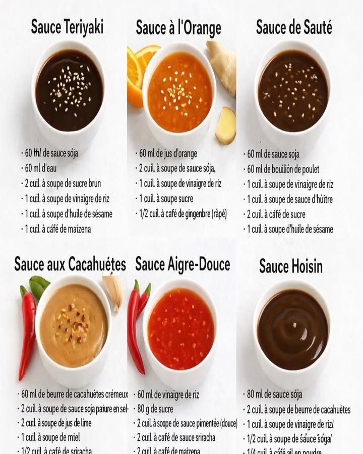 異 6 sauces asiatiques maison incontournables 
Ces sauces asiatiques maison permettent de recréer facilement les saveurs emblématiques de la cuisine asiatique à la maison. Polyvalentes et équilibrées, elles accompagnent parfaitement nouilles, riz, légumes, viandes ou plats sautés.
狀 Ingrédients
Sauce Teriyaki
60 ml de sauce soja
60 ml deau
2 cuillères à soupe de sucre brun
1 cuillère à soupe de vinaigre de riz
1 cuillère à soupe dhuile de sésame
1 cuillère à café de maïzena
Sauce à lorange
60 ml de jus dorange
2 cuillères à soupe de sauce soja
1 cuillère à soupe de vinaigre de riz
1 cuillère à soupe de sucre
1/2 cuillère à café de gingembre râpé
Sauce de sauté
60 ml de sauce soja
60 ml de bouillon de poulet
1 cuillère à soupe de vinaigre de riz
1 cuillère à soupe de sauce dhuître
2 cuillères à café de sucre
1 cuillère à soupe dhuile de sésame
Sauce aux cacahuètes
60 ml de beurre de cacahuètes crémeux
2 cuillères à soupe de sauce soja
2 cuillères à soupe de jus de lime
1 cuillère à soupe de miel
1/2 cuillère à café de sriracha
Sauce aigre-douce
60 ml de vinaigre de riz
80 g de sucre
2 cuillères à soupe de sauce pimentée douce
2 cuillères à café de sriracha
2 cuillères à café de maïzena
Sauce Hoisin
80 ml de sauce soja
2 cuillères à soupe de beurre de cacahuètes
1 cuillère à soupe de vinaigre de riz
1/2 cuillère à soupe de sauce soja
1/4 cuillère à café dail en poudre
 Préparation
北 Mélanger tous les ingrédients de chaque sauce dans un bol jusquà obtention dune texture homogène.
 Pour les sauces nécessitant épaississement, chauffer doucement à feu moyen en remuant jusquà la consistance souhaitée.
籠 Ajuster léquilibre sucré, salé ou acidulé selon lutilisation prévue.
 Conclusion
Ces sauces asiatiques maison sont des bases essentielles pour varier les saveurs et enrichir les plats du quotidien. Simples à préparer et pleines de caractère, elles apportent authenticité et gourmandise à chaque recette.