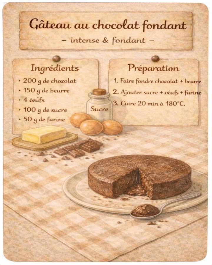 Gâteau au chocolat fondant 
 Intense & ultra fondant 
Ce gâteau au chocolat fondant est une valeur sûre pour les amateurs de desserts riches et gourmands. Sa texture moelleuse à lextérieur et coulante à cœur en fait une recette simple et efficace, fidèle aux grands classiques.
狀 Ingrédients :
 200 g de chocolat noir
 150 g de beurre
 4 œufs
 100 g de sucre
 50 g de farine
 Préparation :
 Faire fondre doucement le chocolat avec le beurre jusquà obtenir une texture lisse et brillante.
北 Ajouter le sucre, puis incorporer les œufs un à un en mélangeant délicatement.
 Verser la farine et mélanger jusquà obtention dune pâte homogène.
 Verser la préparation dans un moule beurré et enfourner 20 minutes à 180C.
Ce gâteau se déguste tiède pour profiter pleinement de son cœur fondant et de son goût intense en chocolat. Une recette intemporelle, idéale pour un dessert élégant et réconfortant.