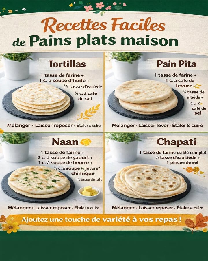 陵 Pains plats maison faciles 
Ces pains plats faits maison sont simples à préparer et parfaits pour varier les repas du quotidien. Tortillas, pain pita, naan ou chapati offrent des textures et des usages différents, tout en restant accessibles avec peu dingrédients.
狀 Ingrédients de base
Farine
Eau tiède
Sel
Huile ou beurre selon la recette
Levure ou yaourt selon le pain choisi
 Préparation
北 Préparer la pâte
 Mélanger la farine avec le sel
 Ajouter leau tiède et les autres ingrédients spécifiques à chaque pain
 Pétrir jusquà obtenir une pâte souple et homogène
 Temps de repos
 Laisser reposer la pâte pour détendre le gluten
 Couvrir afin déviter quelle ne sèche
 Façonner
 Diviser la pâte en portions égales
 Étaler finement selon le type de pain souhaité
 Cuisson
 Cuire à la poêle chaude ou au four
 Retourner pour obtenir une cuisson uniforme et des pains bien dorés
Ces pains plats maison apportent simplicité, authenticité et variété à la table, tout en sadaptant facilement à de nombreuses garnitures et recettes du quotidien.