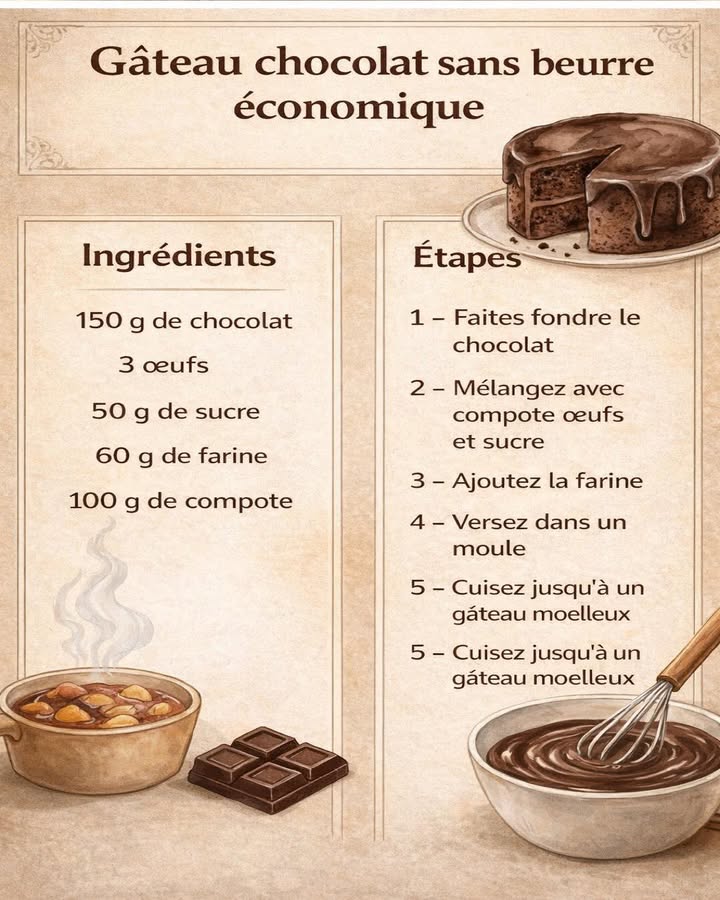 Gâteau chocolat sans beurre 
Ce gâteau au chocolat sans beurre est une recette économique et facile, idéale pour se faire plaisir avec peu dingrédients. La compote remplace le beurre et apporte un moelleux naturel tout en conservant un goût intense de chocolat.
Ingrédients :
 150 g de chocolat
 3 œufs
 50 g de sucre
 60 g de farine
 100 g de compote
Préparation :
  Faire fondre le chocolat
Fais fondre le chocolat doucement jusquà obtenir une texture lisse et brillante.
 北 Mélanger les ingrédients de base
Ajoute la compote, les œufs et le sucre au chocolat fondu, puis mélange soigneusement pour obtenir une préparation homogène.
  Incorporer la farine
Ajoute la farine progressivement en mélangeant afin dobtenir une pâte lisse, sans grumeaux.
 療 Verser dans le moule
Verse la préparation dans un moule légèrement graissé ou chemisé pour une cuisson uniforme.
  Cuire jusquà moelleux
Fais cuire jusquà obtenir un gâteau bien moelleux, avec un cœur fondant et une texture agréable.
Ce gâteau au chocolat sans beurre est une alternative simple et gourmande, parfaite pour une pause sucrée économique, douce et réconfortante.