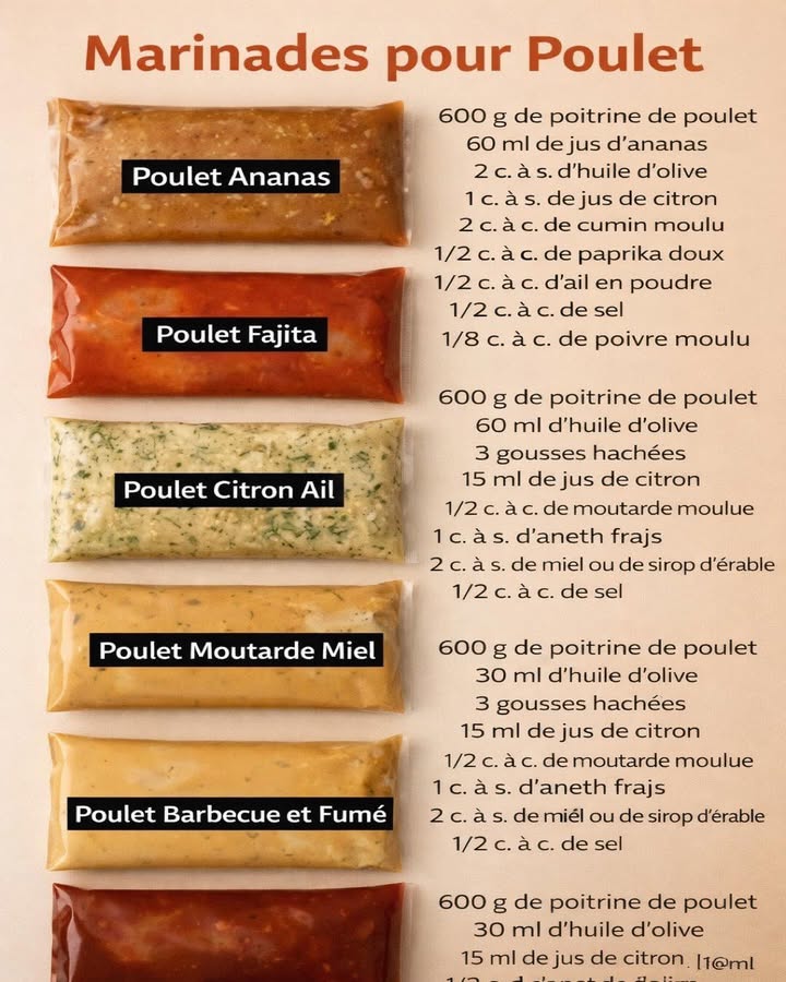 Marinades maison pour poulet savoureux
Des saveurs variées, simples et efficaces 
Ces marinades pour poulet permettent dobtenir une viande tendre, parfumée et parfaitement assaisonnée. Chaque version apporte une touche différente, idéale pour varier les repas tout en restant facile à préparer.
蓼 Ingrédients pour 600 g de poitrine de poulet par marinade
省 Poulet ananas
60 ml de jus dananas
2 c. à s. dhuile dolive
1 c. à s. de jus de citron
2 c. à c. de cumin moulu
1/2 c. à c. de paprika doux
1/2 c. à c. dail en poudre
1/2 c. à c. de sel
1/8 c. à c. de poivre moulu
 Poulet fajita
60 ml dhuile dolive
3 gousses dail hachées
15 ml de jus de citron
1/2 c. à c. de moutarde moulue
1 c. à s. daneth frais
1/2 c. à c. de sel
 Poulet citron & ail
60 ml dhuile dolive
3 gousses dail hachées
15 ml de jus de citron
1/2 c. à c. de moutarde moulue
1 c. à s. daneth frais
2 c. à s. de miel ou de sirop dérable
1/2 c. à c. de sel
 Poulet moutarde miel
30 ml dhuile dolive
3 gousses dail hachées
15 ml de jus de citron
1/2 c. à c. de moutarde moulue
2 c. à s. de miel ou de sirop dérable
1/2 c. à c. de sel
 Poulet barbecue fumé
30 ml dhuile dolive
2 c. à s. de sauce barbecue
1 c. à s. de sirop dérable
3 gousses dail hachées
1/2 c. à c. de sel
 Préparation
 Préparer la marinade
Mélanger tous les ingrédients de la marinade choisie dans un bol jusquà obtention dune préparation homogène.
 Mariner le poulet
Placer les morceaux de poulet dans un sac hermétique ou un plat, verser la marinade et bien enrober.
 Repos
Laisser mariner au réfrigérateur pendant au moins 2 heures pour une saveur optimale.
 Cuisson
Cuire le poulet selon la méthode souhaitée : poêle, four ou grill, jusquà cuisson complète et légèrement dorée.
 Conclusion
Ces marinades maison offrent une solution pratique et gourmande pour transformer le poulet du quotidien en plats riches en goût. Elles se conservent facilement et sadaptent à toutes les méthodes de cuisson pour des repas toujours réussis.