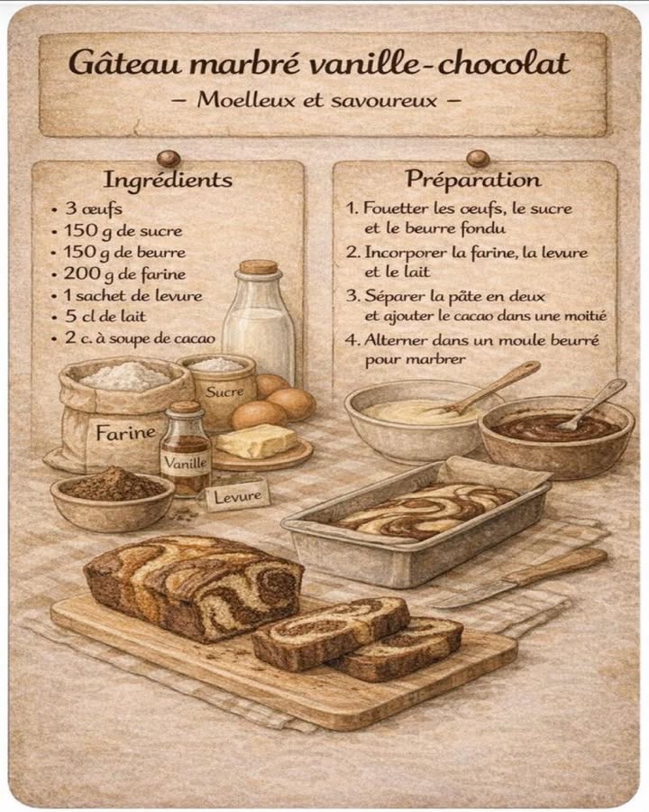 Gâteau marbré vanillechocolat 
 Moelleux et savoureux 
Le gâteau marbré vanillechocolat est un grand classique apprécié pour son équilibre parfait entre douceur et intensité. Son visuel marbré et sa texture fondante en font un dessert aussi simple quélégant.
狀 Ingrédients :
 3 œufs
 150 g de sucre
 150 g de beurre
 200 g de farine
 1 sachet de levure chimique
 5 cl de lait
 2 cuillères à soupe de cacao en poudre
 Préparation :
北 Fouetter les œufs avec le sucre et le beurre fondu jusquà obtenir un mélange lisse et homogène.
 Incorporer la farine, la levure et le lait afin dobtenir une pâte souple et régulière.
 Séparer la pâte en deux parts égales, puis ajouter le cacao dans lune des moitiés en mélangeant délicatement.
 Verser alternativement les deux préparations dans un moule beurré afin de créer leffet marbré.
 Enfourner à 180C jusquà cuisson complète, en conservant un cœur bien moelleux.
Ce gâteau marbré séduit par son contraste de saveurs et sa texture généreuse, parfait pour accompagner un moment gourmand en toute simplicité. Une recette intemporelle qui plaît à tous les âges.
