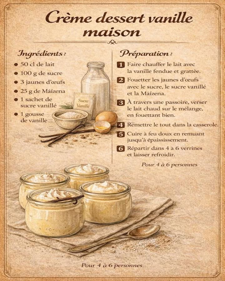 Crème Dessert Vanille Maison 
Cette crème dessert vanille maison séduit par sa douceur et son authenticité, rappelant les desserts traditionnels faits avec soin. Sa texture onctueuse et son parfum naturel de vanille en font un classique intemporel.
狀 Ingrédients
50 cl de lait
100 g de sucre
3 jaunes dœufs
25 g de Maïzena
1 sachet de sucre vanillé
1 gousse de vanille
 Préparation
拏 Faire chauffer le lait avec la gousse de vanille fendue et grattée afin den extraire tous les arômes.
籠 Fouetter les jaunes dœufs avec le sucre, le sucre vanillé et la Maïzena jusquà obtenir un mélange lisse.
𧻓 Verser le lait chaud à travers une passoire sur la préparation, en fouettant continuellement pour éviter les grumeaux.
 Remettre le tout dans la casserole et cuire à feu doux en remuant sans cesse jusquà épaississement.
 Répartir la crème dans 4 à 6 verrines et laisser refroidir avant dégustation.
 Conclusion
Cette crème dessert vanille maison offre un goût délicat et une texture fondante, idéale pour conclure un repas tout en simplicité. Un dessert réconfortant, élégant et fidèle aux recettes traditionnelles.