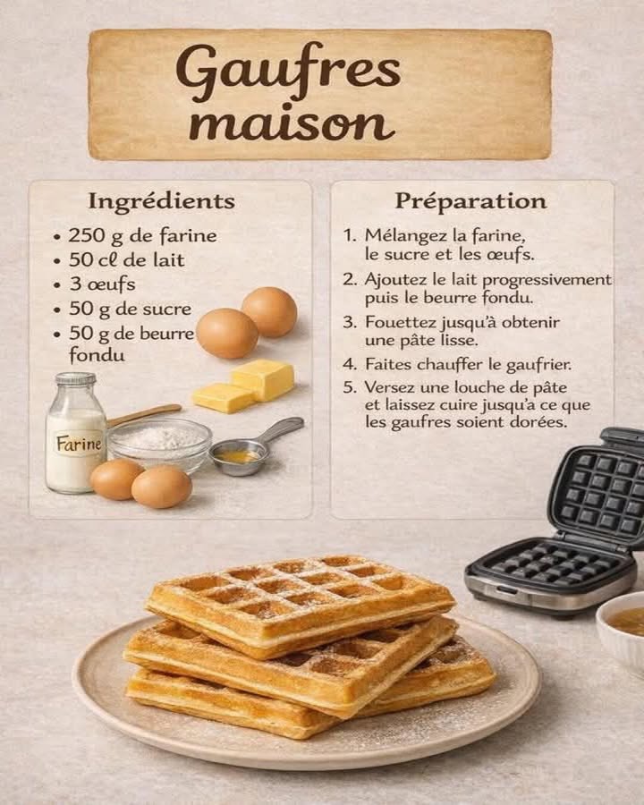 劉 Gaufres maison 杻
 Dorées et moelleuses 
Les gaufres maison sont un grand classique apprécié pour leur texture croustillante à lextérieur et tendre à lintérieur. Cette recette simple met en avant des ingrédients du quotidien pour un résultat généreux et authentique.
狀 Ingrédients :
 250 g de farine
 50 cl de lait
 3 œufs
 50 g de sucre
 50 g de beurre fondu
 Préparation :
北 Mélanger la farine, le sucre et les œufs dans un grand saladier jusquà obtenir une base homogène.
拏 Ajouter le lait progressivement tout en fouettant afin déviter les grumeaux, puis incorporer le beurre fondu.
 Fouetter lensemble jusquà obtention dune pâte lisse et fluide.
 Faire chauffer le gaufrier jusquà ce quil soit bien chaud.
劉 Verser une louche de pâte et laisser cuire jusquà ce que les gaufres soient bien dorées.
Ces gaufres maison se distinguent par leur simplicité et leur saveur authentique, idéales pour un moment gourmand et convivial. Une recette intemporelle qui sadapte à toutes les envies, tout en conservant le plaisir du fait maison.