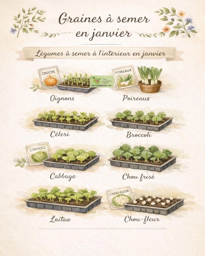 Graines à semer en janvier
Le mois de janvier est idéal pour anticiper le potager en démarrant certains semis à lintérieur. Cette période permet dobtenir des plants robustes et bien développés avant la mise en terre au printemps.
 暈 Oignons
Un semis précoce favorise une bonne reprise et des bulbes bien formés. Ils apprécient une lumière douce et une humidité régulière.
 塞 Poireaux
Semés en intérieur, ils gagnent du temps de croissance et développent des tiges solides avant le repiquage.
  Céleri
Sa germination est lente, doù lintérêt de le semer tôt. Il demande une température stable et un sol toujours légèrement humide.
 復 Brocoli
Un semis hivernal permet dobtenir des plants vigoureux, prêts à produire dès les premiers beaux jours.
 塞 Choux cabbage et chou frisé
Ces légumes aiment démarrer au chaud pour renforcer leur système racinaire avant daffronter lextérieur.
 綾 Laitue
Parfaite pour des semis successifs, elle assure une récolte plus précoce et régulière.
  Chou-fleur
Un démarrage en janvier aide à obtenir des plants homogènes et bien développés.
Semer en janvier permet de prendre de lavance tout en profitant de la saison froide pour préparer un potager productif et équilibré.