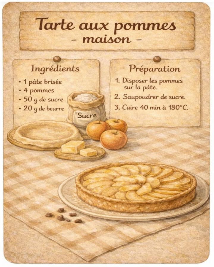 Tarte aux pommes maison, simple et gourmande 不
Cette tarte aux pommes maison incarne la simplicité et lauthenticité des desserts faits avec peu dingrédients. Facile à préparer, elle offre une texture fondante et un goût délicatement sucré, parfait pour un moment convivial.
茶 Ingrédients :
 1 pâte brisée
 4 pommes
 50 g de sucre
 20 g de beurre
 Préparation :
  Préparer les pommes
Épluchez les pommes et coupez-les en fines tranches régulières afin dassurer une cuisson homogène.
 不 Disposer sur la pâte
Étalez la pâte brisée dans un moule, puis répartissez harmonieusement les tranches de pommes sur toute la surface.
  Sucrer délicatement
Saupoudrez le sucre sur les pommes pour apporter une douceur équilibrée et légèrement caramélisée à la cuisson.
 杻 Ajouter le beurre
Déposez de petits morceaux de beurre sur les pommes pour renforcer le fondant et la saveur.
  Cuire au four
Enfournez pendant 40 minutes à 180C jusquà obtenir une tarte dorée et légèrement croustillante.
 Conclusion
Cette tarte aux pommes maison est un dessert intemporel, apprécié pour sa simplicité et son goût authentique. Elle se déguste aussi bien tiède que froide, offrant un plaisir gourmand à chaque bouchée.