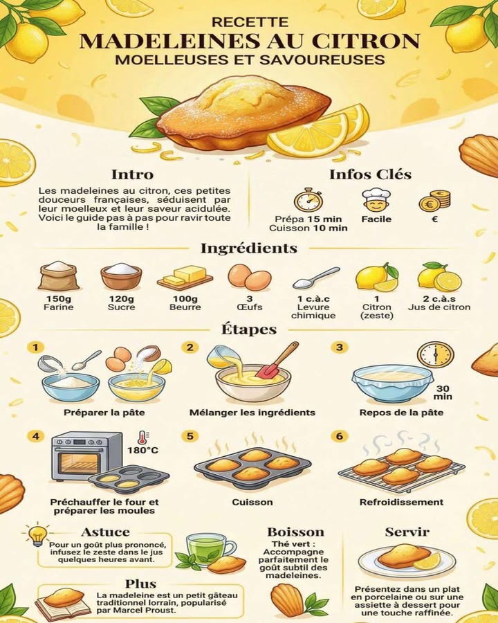 Madeleines au citron moelleuses 
Ces madeleines au citron séduisent par leur texture moelleuse et leur parfum délicatement acidulé. Une recette simple et gourmande, idéale pour un moment doux et authentique.
Ingrédients :
 150 g de farine
 120 g de sucre
 100 g de beurre
 3 œufs
 1 cuillère à café de levure chimique
 1 citron zeste
 2 cuillères à soupe de jus de citron
Préparation :
 北 Préparer la pâte
Dans un saladier, casse les œufs et fouette-les avec le sucre jusquà obtenir un mélange clair et homogène.
 杻 Incorporer le beurre et le citron
Ajoute le beurre fondu, le zeste de citron et le jus, puis mélange délicatement pour bien parfumer la préparation.
  Ajouter les ingrédients secs
Incorpore la farine et la levure en mélangeant doucement afin dobtenir une pâte lisse et sans grumeaux.
  Laisser reposer la pâte
Laisse reposer la pâte environ 30 minutes pour garantir des madeleines bien gonflées.
  Préparer la cuisson
Préchauffe le four à 180 C et beurre légèrement les moules à madeleines.
  Cuire et refroidir
Verse la pâte dans les moules, enfourne pour une cuisson courte jusquà ce que les madeleines soient dorées, puis laisse-les refroidir sur une grille.
Ces madeleines au citron offrent un équilibre parfait entre douceur et fraîcheur, avec un moelleux irrésistible qui rappelle les plaisirs simples de la pâtisserie maison.